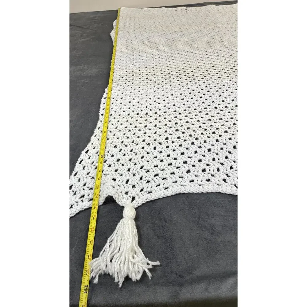 White Ivory Striped Fringed Hand Crochet Couch Throw Lap Blanket Afghan 78x55